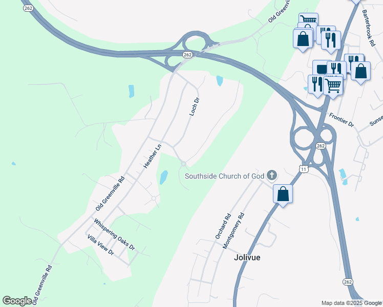 map of restaurants, bars, coffee shops, grocery stores, and more near 22 Fairfield Drive in Staunton