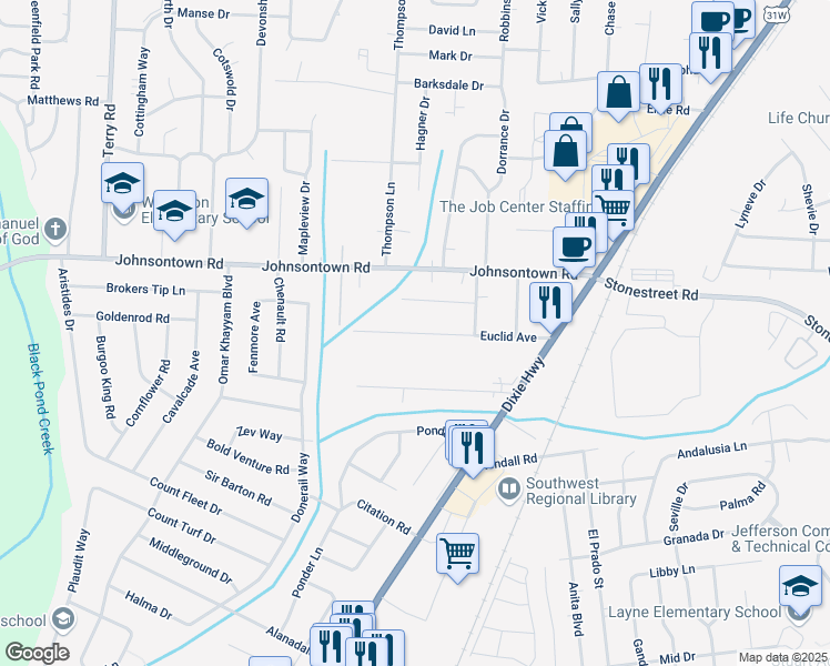 map of restaurants, bars, coffee shops, grocery stores, and more near 5411 Euclid Avenue in Louisville