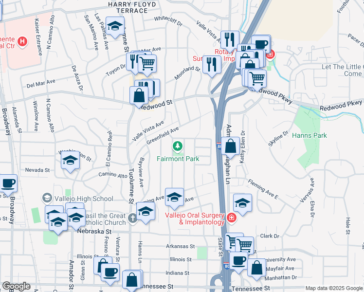 map of restaurants, bars, coffee shops, grocery stores, and more near 245 Edgemont Avenue in Vallejo