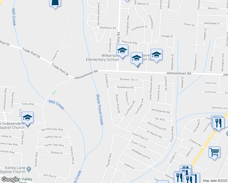 map of restaurants, bars, coffee shops, grocery stores, and more near 9214 Burgoo King Road in Louisville
