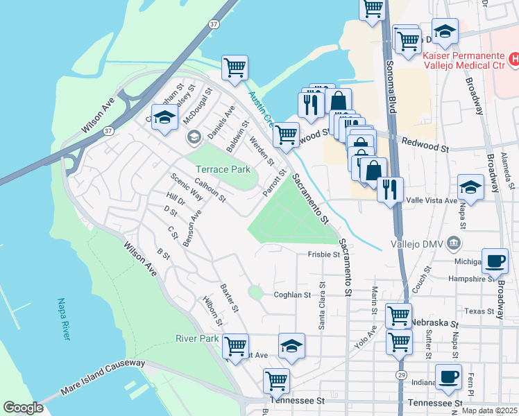 map of restaurants, bars, coffee shops, grocery stores, and more near 53 Parrott Street in Vallejo