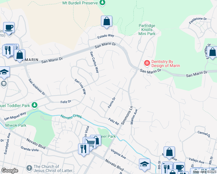 map of restaurants, bars, coffee shops, grocery stores, and more near 70 Lambert Way in Novato