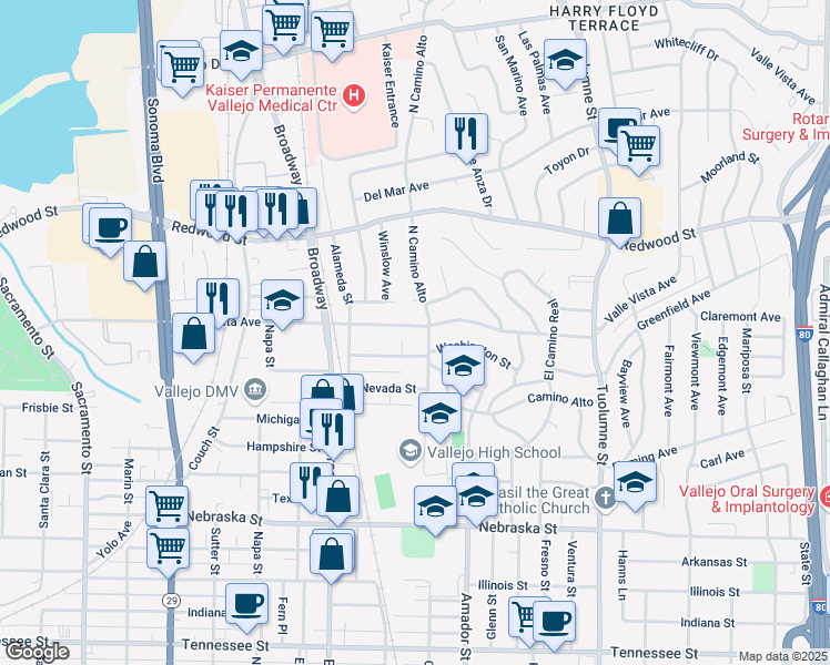 map of restaurants, bars, coffee shops, grocery stores, and more near 379 Valle Vista Avenue in Vallejo