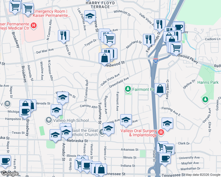 map of restaurants, bars, coffee shops, grocery stores, and more near 103 Greenfield Avenue in Vallejo