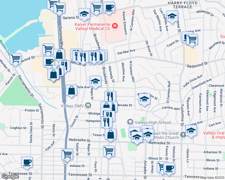 map of restaurants, bars, coffee shops, grocery stores, and more near 301 Valle Vista Avenue in Vallejo