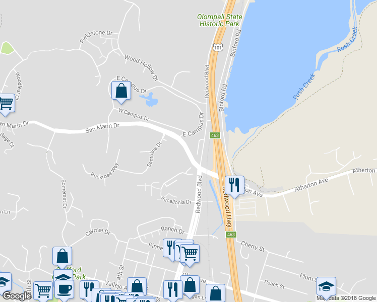 map of restaurants, bars, coffee shops, grocery stores, and more near 779 San Marin Drive in Novato