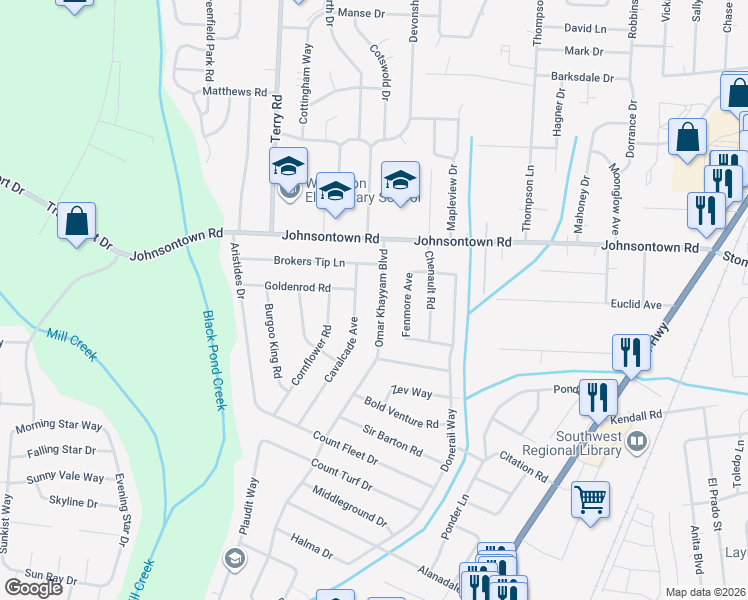 map of restaurants, bars, coffee shops, grocery stores, and more near 9216 Omar Khayyam Boulevard in Louisville