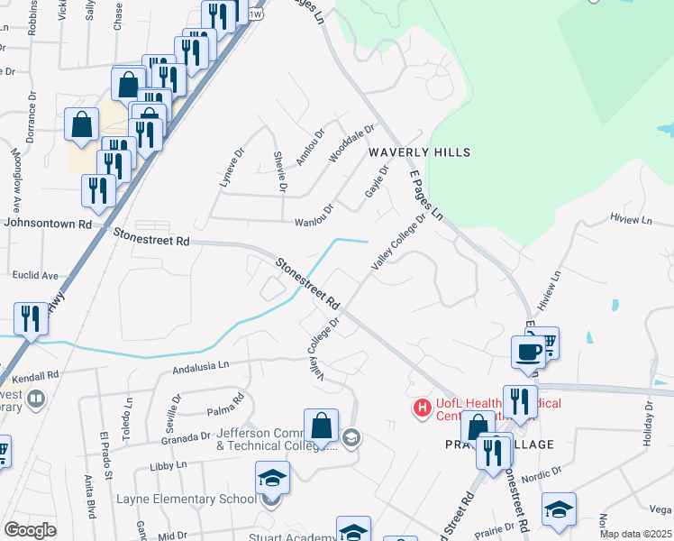 map of restaurants, bars, coffee shops, grocery stores, and more near 9301 Stonestreet Road in Louisville