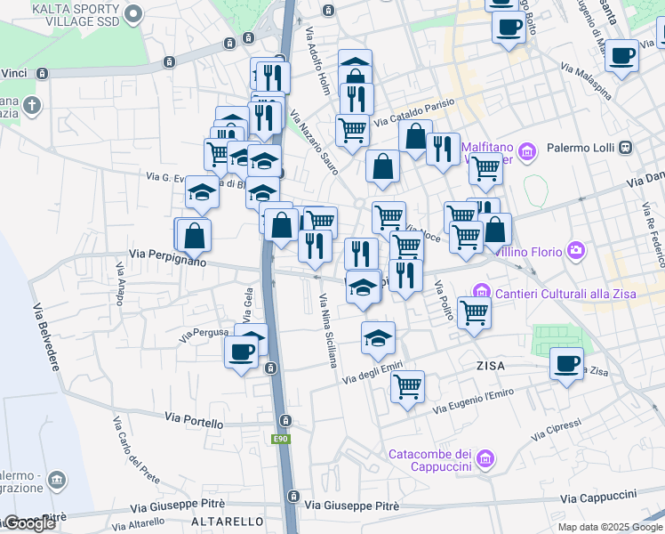 map of restaurants, bars, coffee shops, grocery stores, and more near 63 Via Ruggerone da Palermo in Palermo