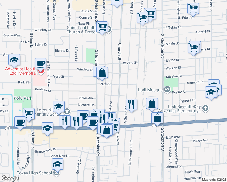 map of restaurants, bars, coffee shops, grocery stores, and more near 1118 South Pleasant Avenue in Lodi
