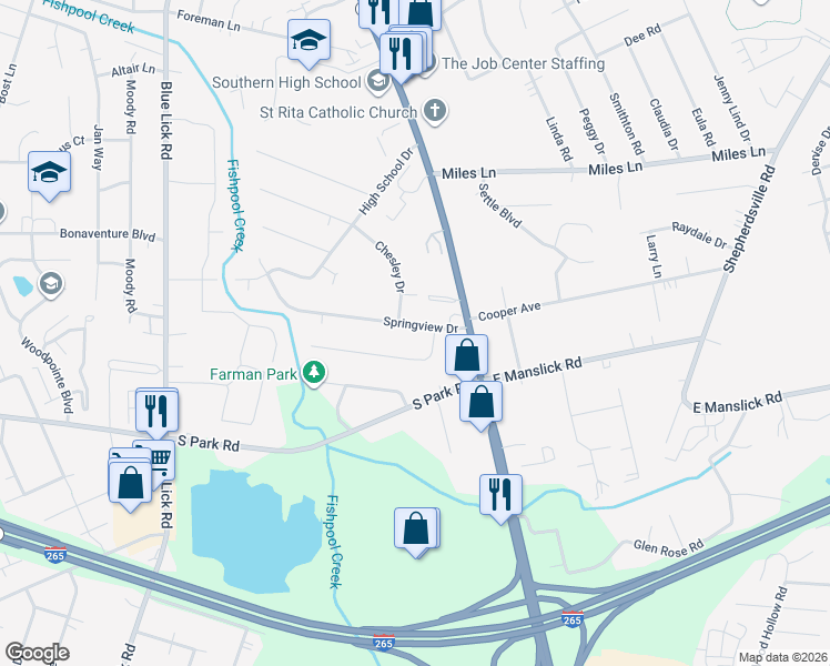 map of restaurants, bars, coffee shops, grocery stores, and more near 1110 Springview Drive in Louisville