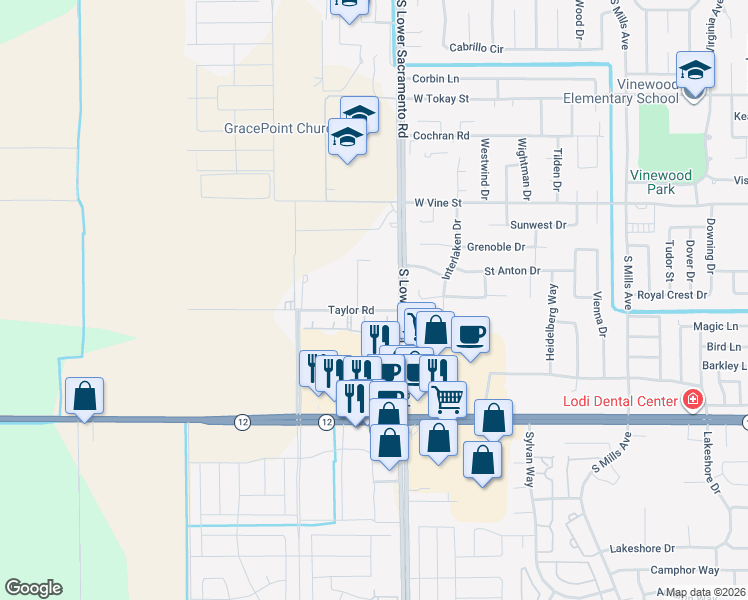 map of restaurants, bars, coffee shops, grocery stores, and more near 643 Taylor Road in Lodi