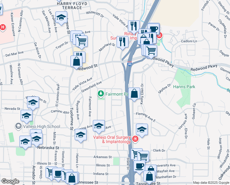 map of restaurants, bars, coffee shops, grocery stores, and more near 1408 Lislin Way in Vallejo