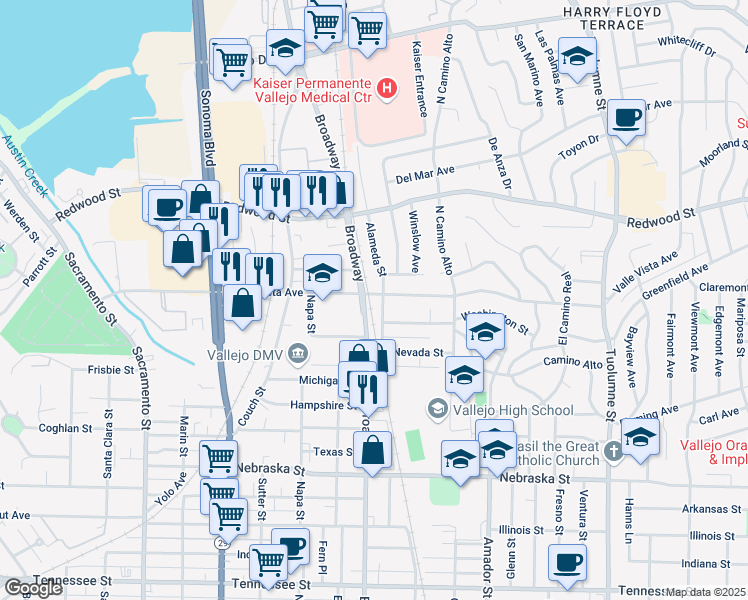 map of restaurants, bars, coffee shops, grocery stores, and more near 301 Valle Vista Avenue in Vallejo