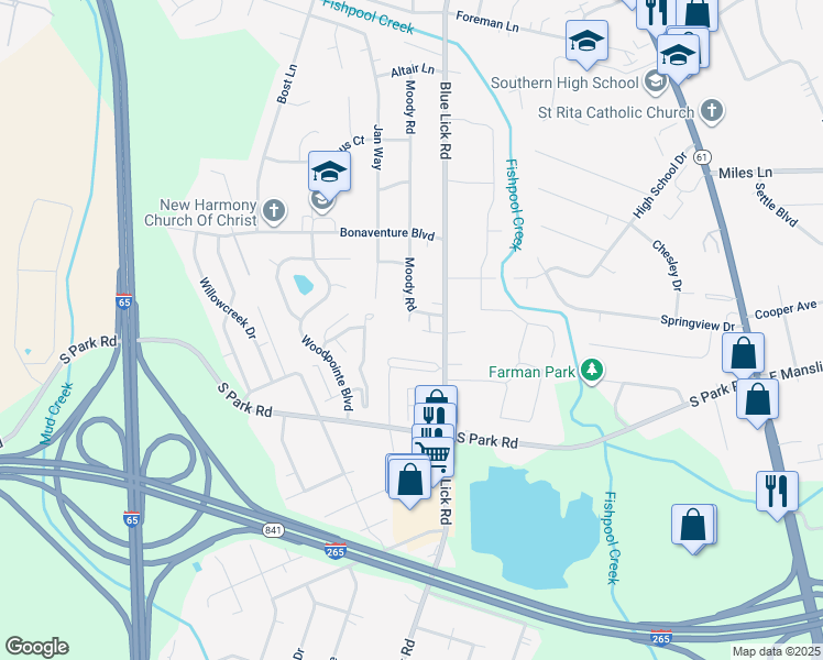 map of restaurants, bars, coffee shops, grocery stores, and more near 8903 Cinnamon Place in Louisville