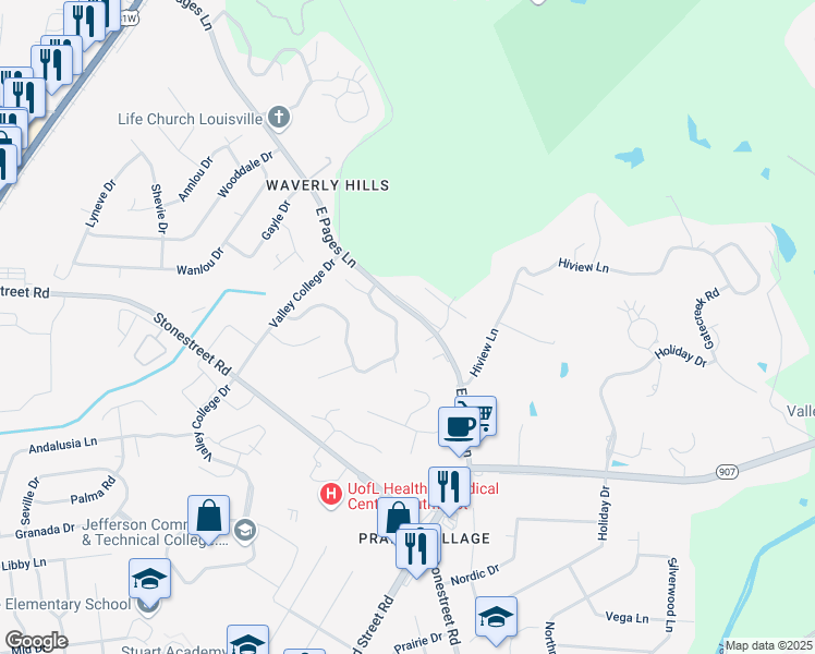 map of restaurants, bars, coffee shops, grocery stores, and more near 4412 Stone Wynde Drive in Louisville