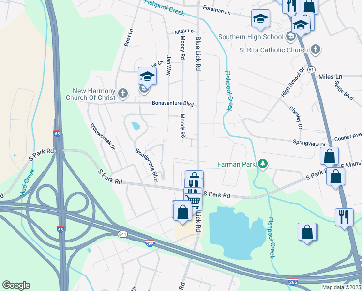 map of restaurants, bars, coffee shops, grocery stores, and more near 8903 Cinnamon Place in Louisville