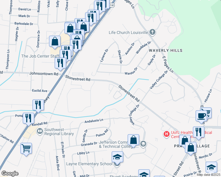 map of restaurants, bars, coffee shops, grocery stores, and more near 4708 Kennedy Place Circle in Louisville
