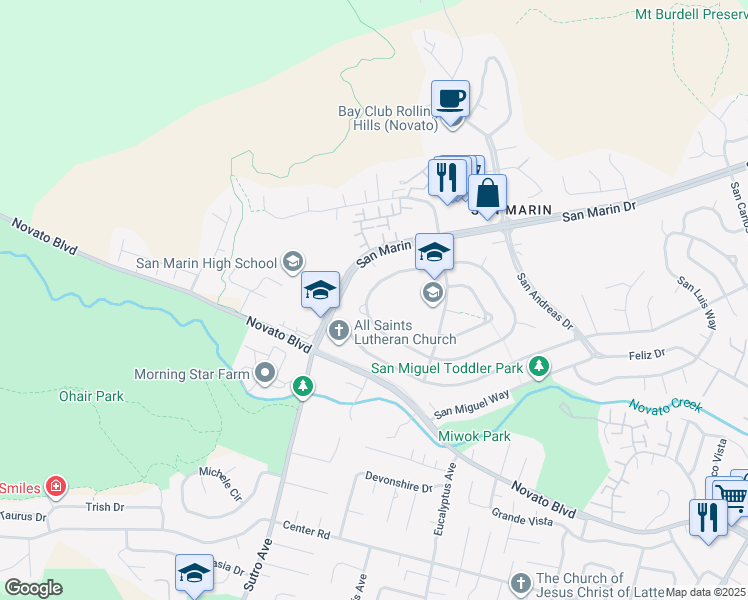 map of restaurants, bars, coffee shops, grocery stores, and more near 247 San Felipe Way in Novato
