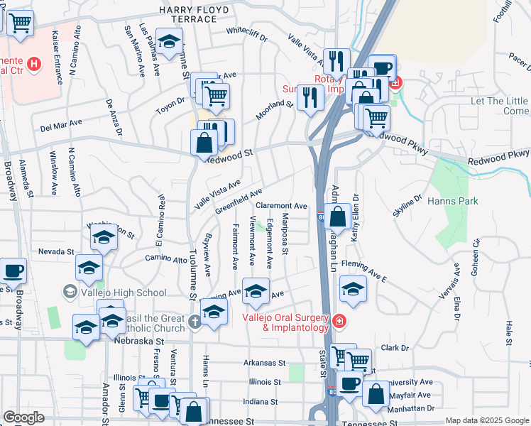 map of restaurants, bars, coffee shops, grocery stores, and more near 245 Edgemont Avenue in Vallejo