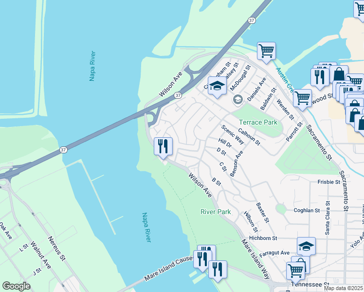 map of restaurants, bars, coffee shops, grocery stores, and more near 205 Voyager Drive in Vallejo