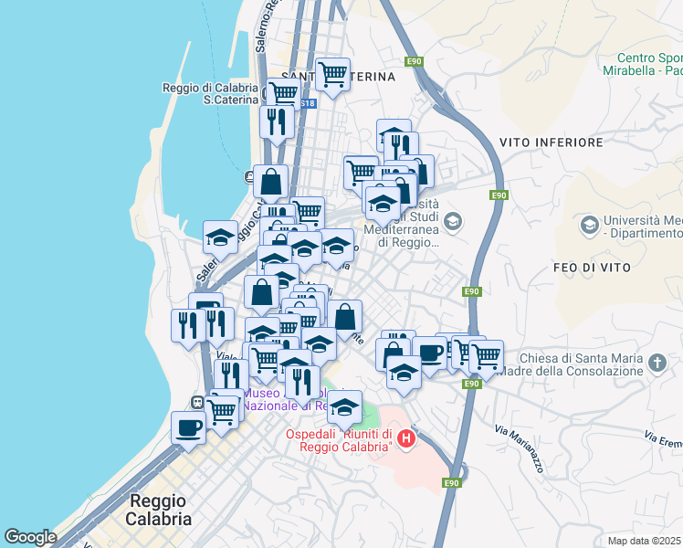 map of restaurants, bars, coffee shops, grocery stores, and more near 5 Via Pensilvania in Reggio Calabria