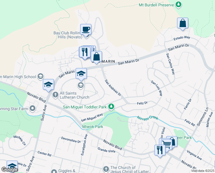 map of restaurants, bars, coffee shops, grocery stores, and more near 112 San Felipe Way in Novato
