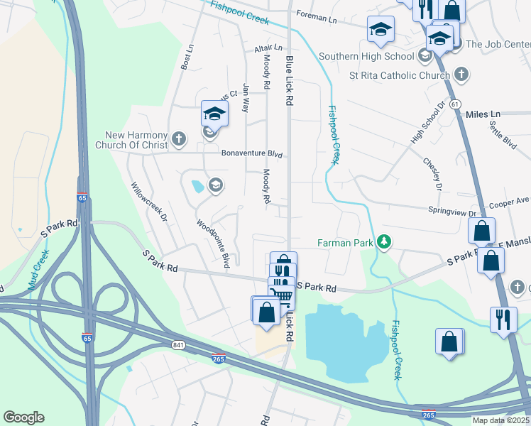 map of restaurants, bars, coffee shops, grocery stores, and more near 8903 Cinnamon Place in Louisville