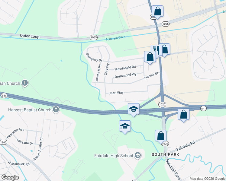 map of restaurants, bars, coffee shops, grocery stores, and more near 621 Cheri Way in Louisville