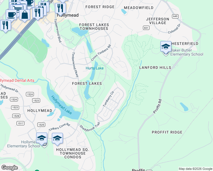 map of restaurants, bars, coffee shops, grocery stores, and more near 3124 Turnberry Circle in Charlottesville