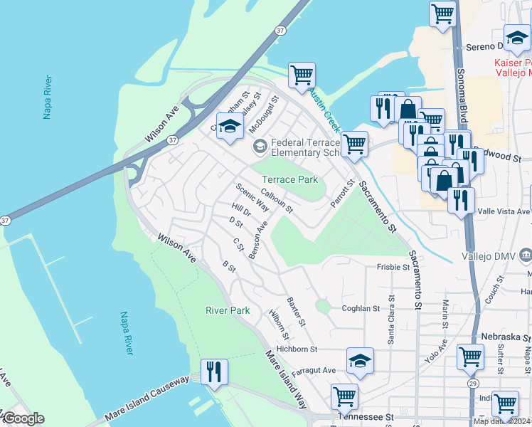 map of restaurants, bars, coffee shops, grocery stores, and more near 165 Scenic Way in Vallejo