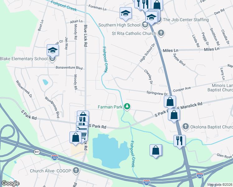 map of restaurants, bars, coffee shops, grocery stores, and more near 4213 Narcissus Drive in Louisville