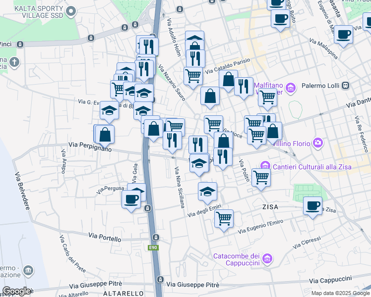 map of restaurants, bars, coffee shops, grocery stores, and more near 63 Via Ruggerone da Palermo in Palermo