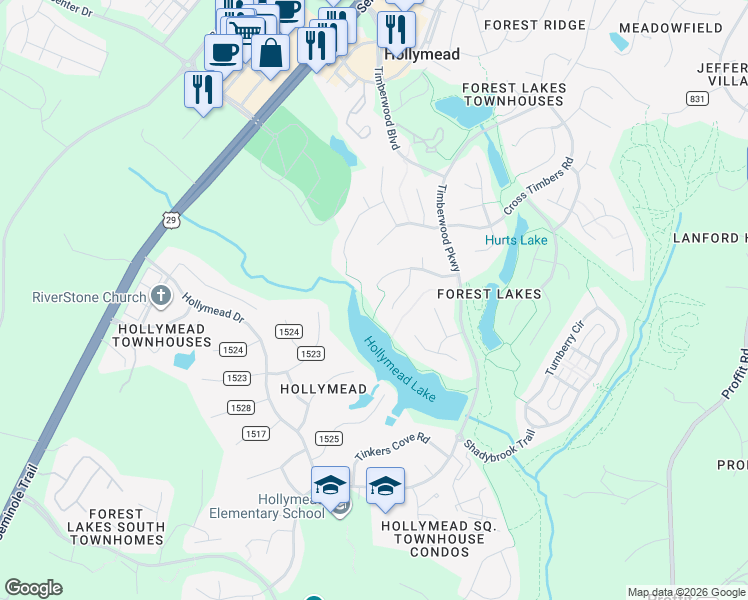 map of restaurants, bars, coffee shops, grocery stores, and more near 1809 Amberfield Drive in Charlottesville