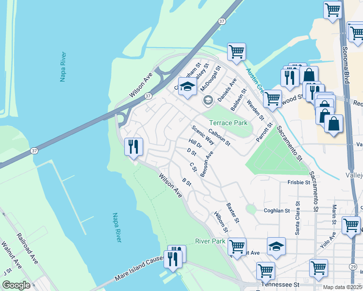 map of restaurants, bars, coffee shops, grocery stores, and more near 60 D Street in Vallejo