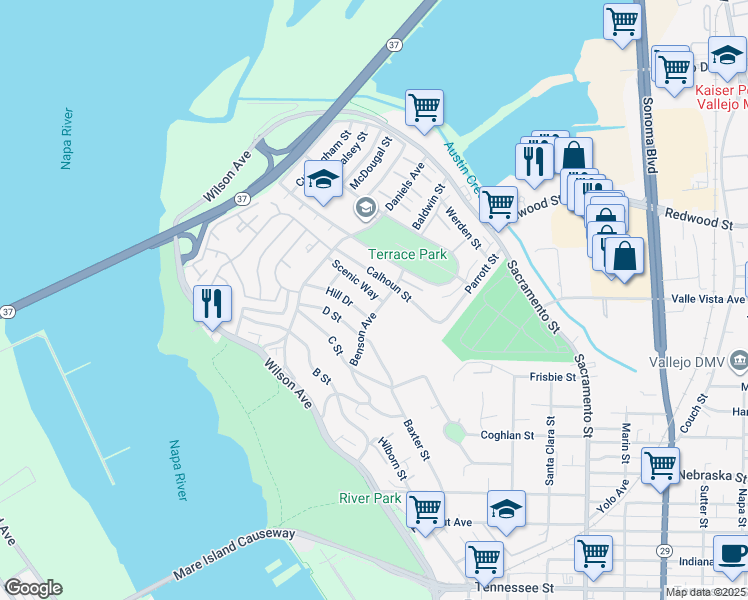 map of restaurants, bars, coffee shops, grocery stores, and more near 165 Scenic Way in Vallejo