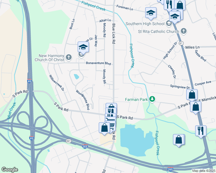 map of restaurants, bars, coffee shops, grocery stores, and more near 8903 Cinnamon Place in Louisville