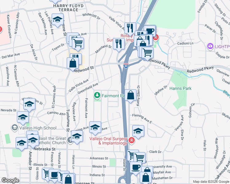 map of restaurants, bars, coffee shops, grocery stores, and more near 221 Claremont Avenue in Vallejo