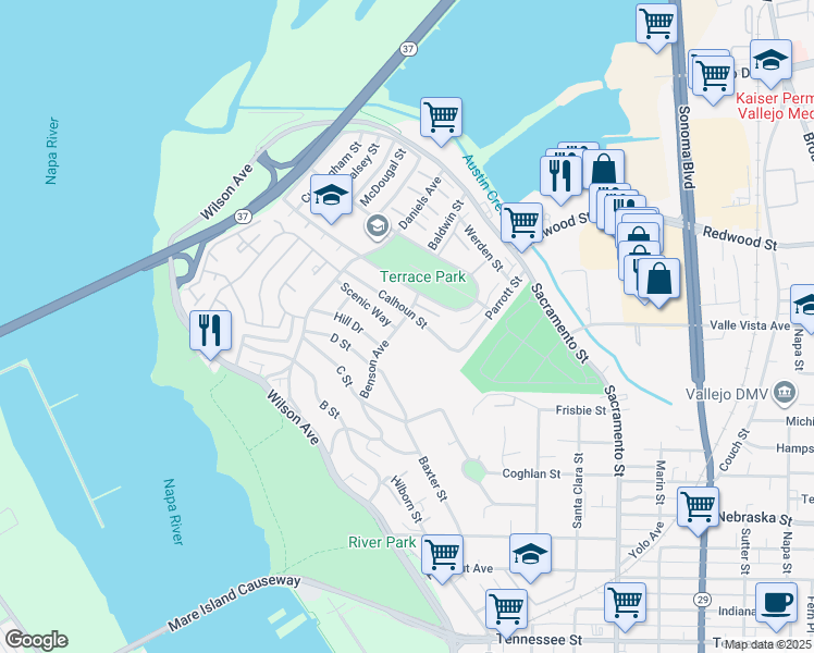 map of restaurants, bars, coffee shops, grocery stores, and more near 336 Benson Avenue in Vallejo