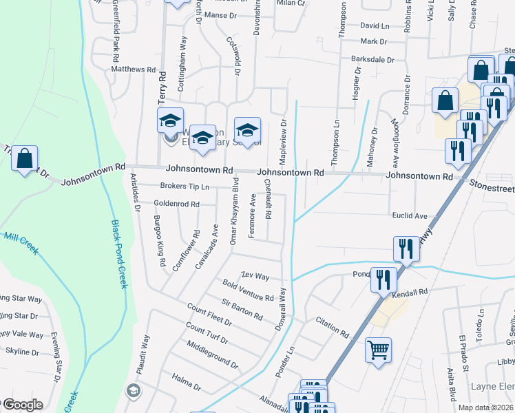 map of restaurants, bars, coffee shops, grocery stores, and more near 9209 Fenmore Avenue in Louisville