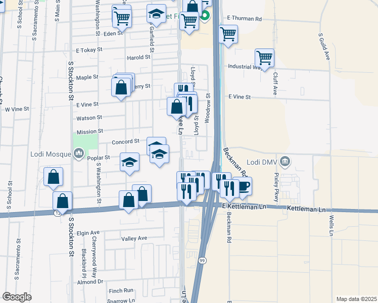 map of restaurants, bars, coffee shops, grocery stores, and more near 1130 South Cherokee Lane in Lodi