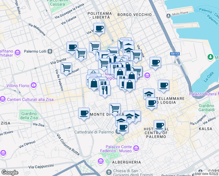 map of restaurants, bars, coffee shops, grocery stores, and more near 39 Via Volturno in Palermo