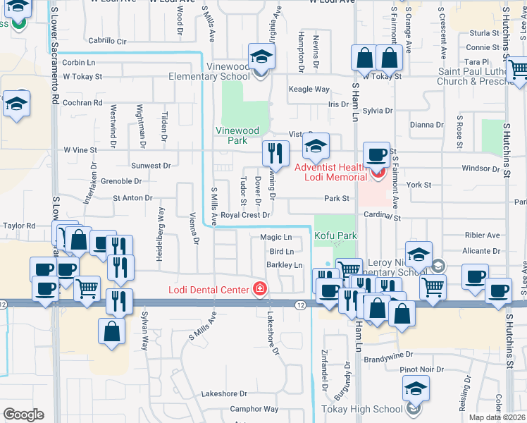 map of restaurants, bars, coffee shops, grocery stores, and more near 1706 Royal Crest Drive in Lodi