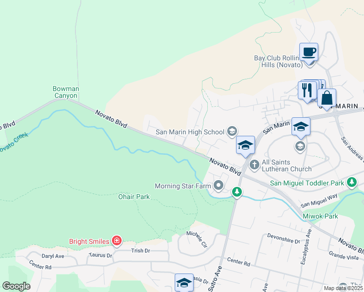 map of restaurants, bars, coffee shops, grocery stores, and more near Novato Blvd & Sandy Creek Way in Novato