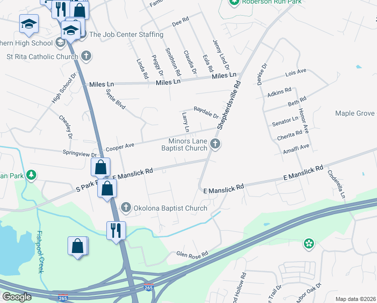 map of restaurants, bars, coffee shops, grocery stores, and more near 6510 Estelle Court in Louisville