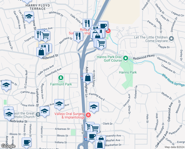 map of restaurants, bars, coffee shops, grocery stores, and more near 235 Kathy Ellen Drive in Vallejo