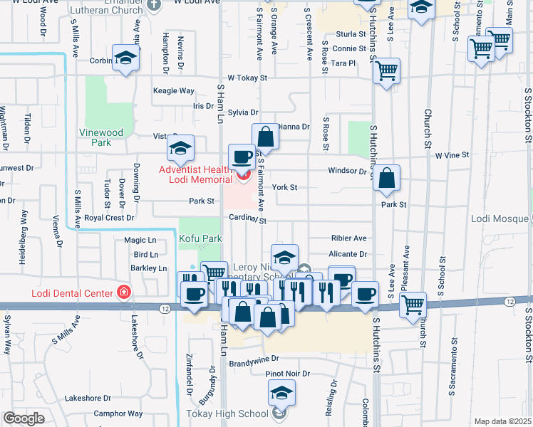 map of restaurants, bars, coffee shops, grocery stores, and more near 1118 South Fairmont Avenue in Lodi
