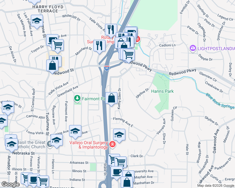 map of restaurants, bars, coffee shops, grocery stores, and more near 235 Kathy Ellen Drive in Vallejo