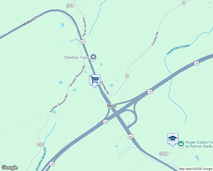 map of restaurants, bars, coffee shops, grocery stores, and more near 87 Sunday Road in Hico