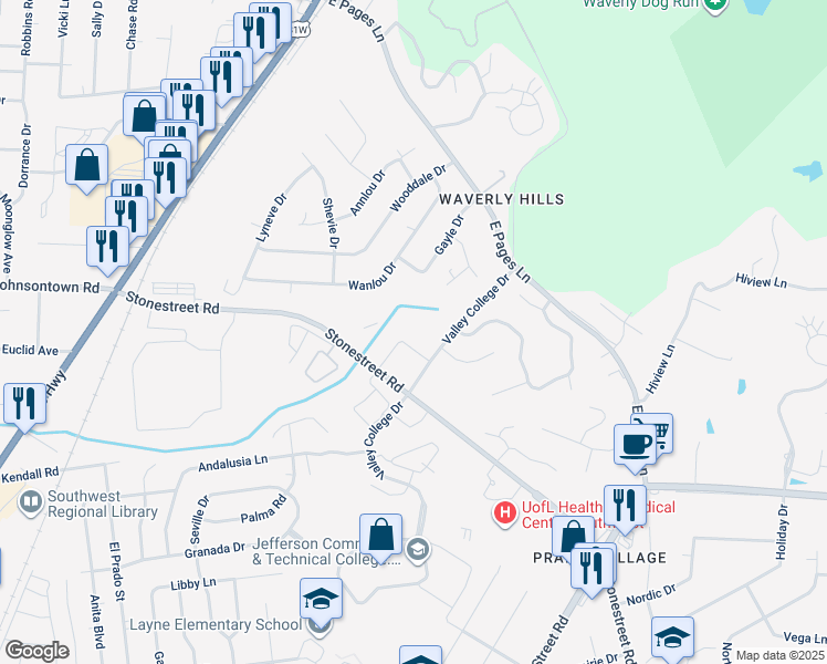 map of restaurants, bars, coffee shops, grocery stores, and more near 620 Valley College Drive in Louisville